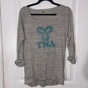TNA Heather Gray Long-Sleeve Scoop Neck Top with Teal Logo
